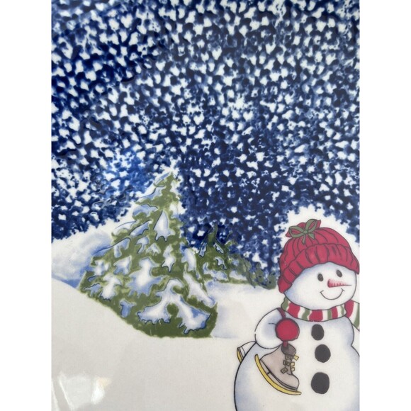 Vtg Thomson Pottery Snowman Christmas Large Serving Plate Blue Spongeware - Picture 3 of 5